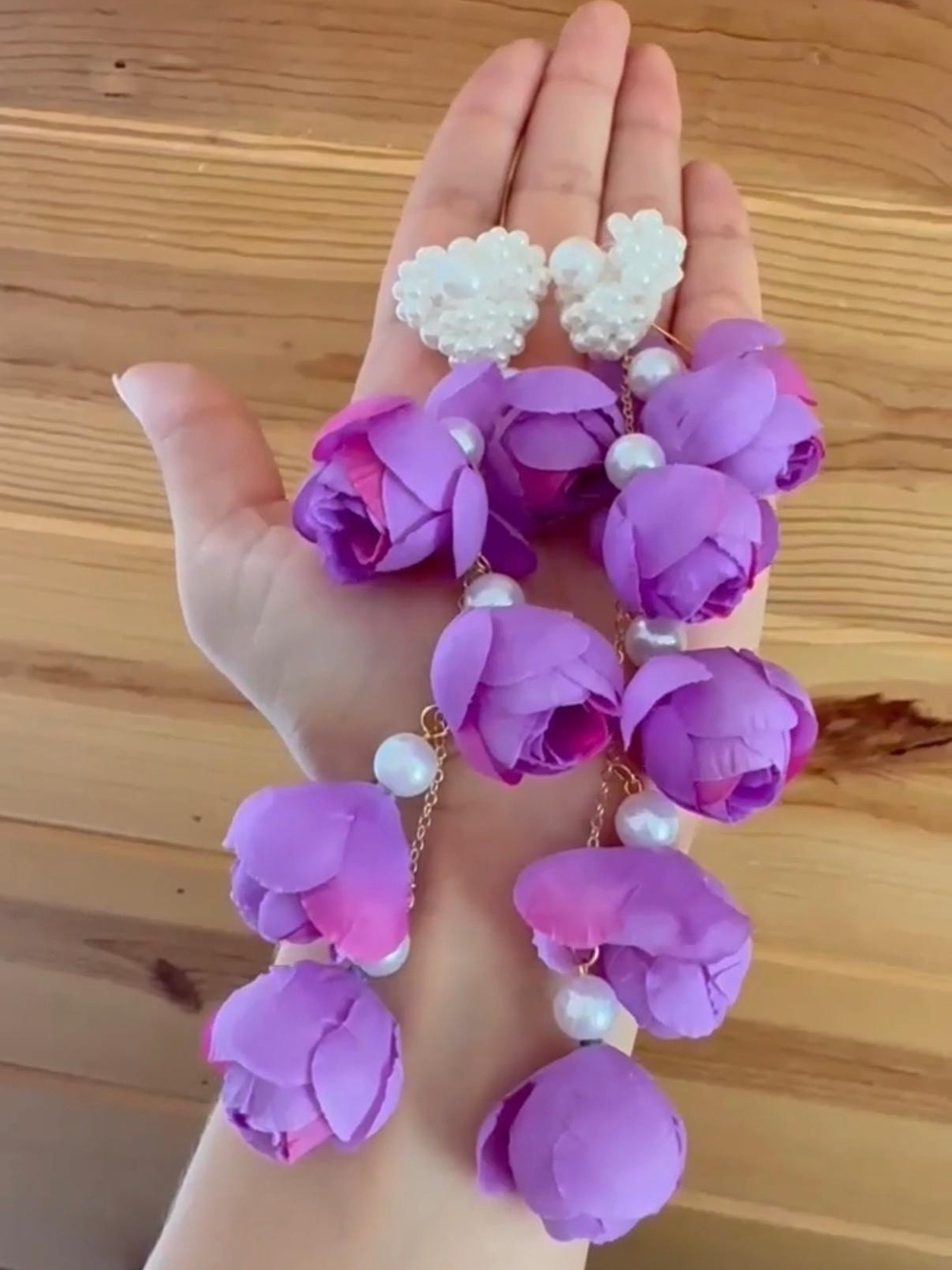 Lavender Floral Pearl Drop Earrings - Picture 2 of 2